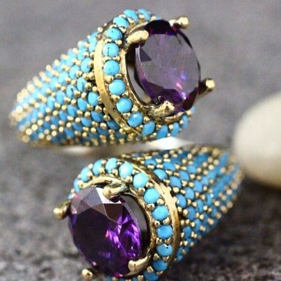 🦄Twisted Golden Boho Ring Purple Blue - Picture 1 of 7